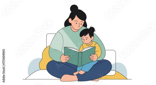 A mother reads to her child, sitting on a bed with pillows, in this charming and heartwarming illustration