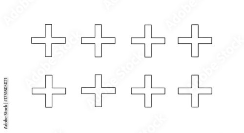 Eight hand drawn cross symbols arranged in two rows