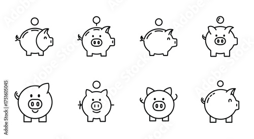 Collection of hand drawn piggy bank icons in different poses and angles