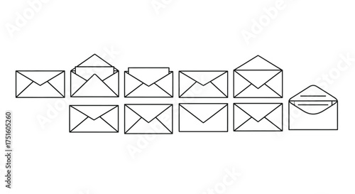 Collection of hand drawn envelopes in black outline on white background