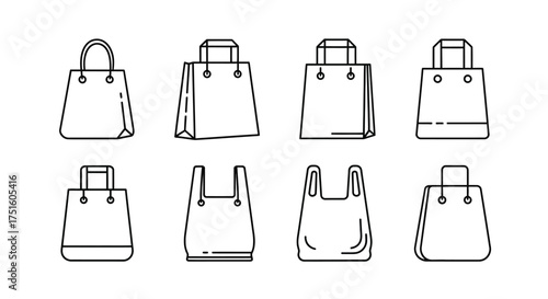 Collection of hand drawn shopping bags and paper bags
