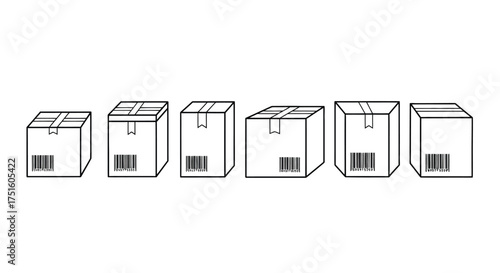 Collection of six different sized cardboard boxes with barcode illustrations
