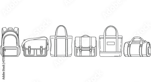 Collection of hand drawn backpacks and bags in outline style