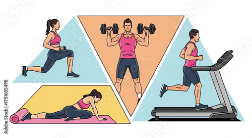 Diverse fitness activities are showcased in this illustration, including weightlifting, running on a treadmill, lunges, and stretching, all promoting a healthy lifestyle