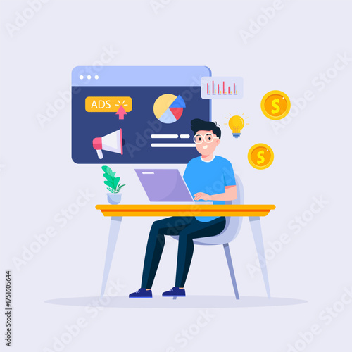 concept of Pay per click, PPC, paid advertising campaign displays ads on websites that generate revenue for publishers, Advertising or advertising, Promoting a brand to an audience, internet.