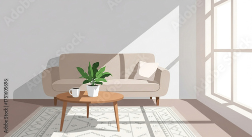 A cozy and minimalist living room interior with a beige sofa, a round wooden table with a plant and a mug, and sunlight streaming through a large window