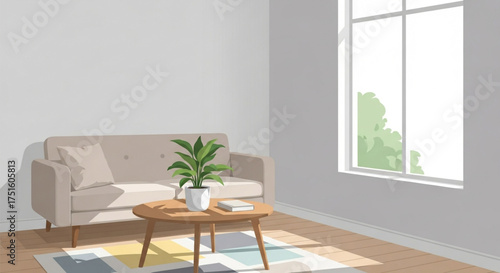 A bright and airy living room interior featuring a neutral sofa, a round table with a plant, and a window with a view of greenery, creating a calming atmosphere