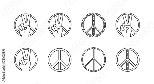 Set of eight hand drawn peace symbols and raised fist icons in black and white
