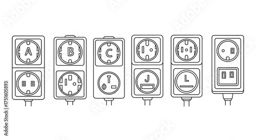 Collection of vintage electrical outlets and plugs in a line drawing style