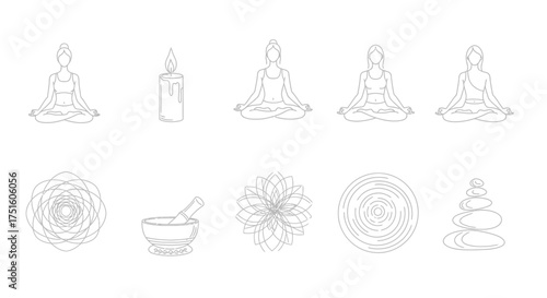 Collection of zen and meditation symbols in hand drawn line art style