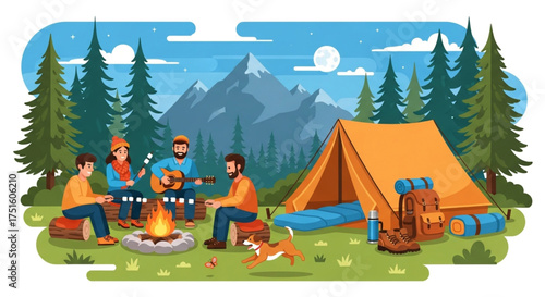 A group of friends are camping in the mountains, sitting around a campfire, playing guitar, and enjoying the beautiful scenery under the moonlight