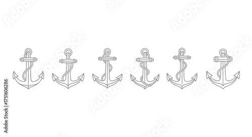 Collection of hand drawn nautical anchors in a row