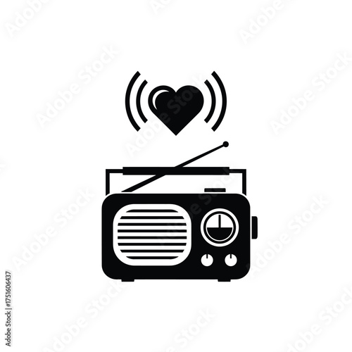 Black radio icon with heart and signal waves broadcast