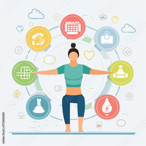 A flat wellness app interface showing a woman in a yoga pose surrounded by icons representing health and lifestyle choices, ideal for digital platforms