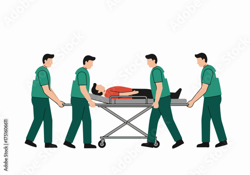 Emergency medical team transporting a patient on a stretcher. Healthcare professionals move an injured person on a gurney for urgent medical care and treatment.