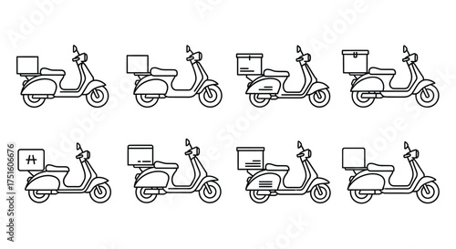 Collection of vintage scooter delivery icons in black and white line art