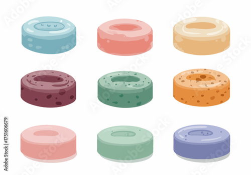 Colorful assortment of round, flat candies with holes, resembling mints or sweets, arranged in a neat grid.