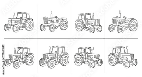 Collection of vintage tractor sketches in a grid layout