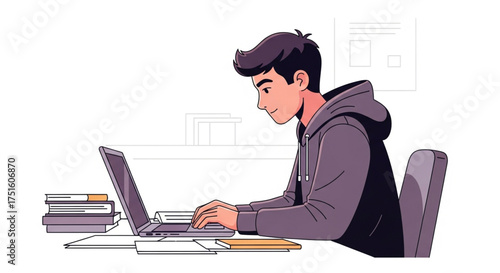 A young man is working on his laptop, , with books and a pencil on the desk, focused on his task and studies