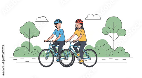 A delightful illustration showcases a couple joyfully riding bicycles on a sunny day, surrounded by lush green trees and fluffy clouds, creating a serene outdoor scene