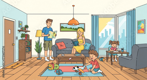 A cozy illustration captures a family spending quality time together in their living room, creating a warm and inviting domestic scene