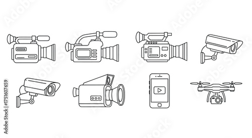 Collection of hand drawn camera icons and illustrations