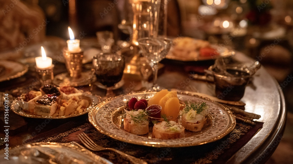 Fototapeta premium Table set with food candles and glasses for a festive or celebratory occasion.