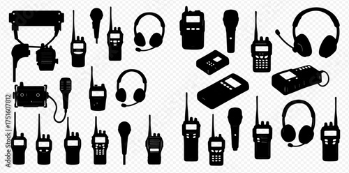 A collection of black silhouettes of various radio communication devices, including walkie-talkies, headsets, and microphones, on a transparent background.