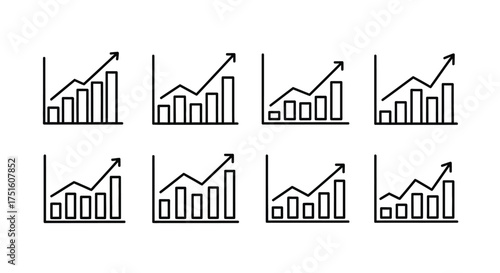 Set of simple hand drawn bar charts with upward trending arrows
