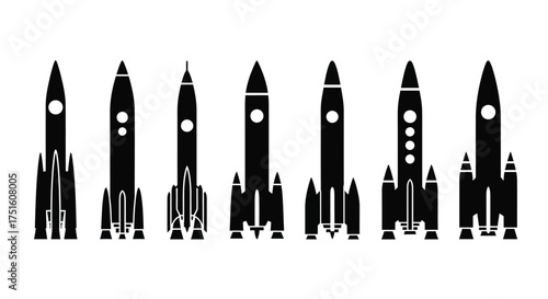 Collection of silhouetted rockets standing side by side