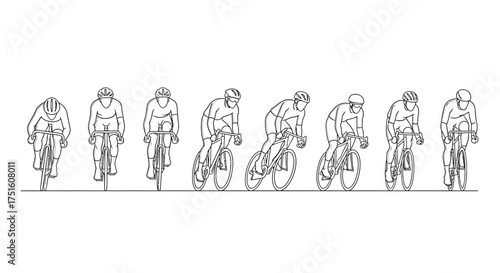 Line drawing of cyclists in motion showing different stages of pedaling