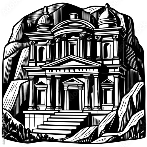 Detailed vector illustration of an ancient rock cut city showcasing intricate architecture and historical grandeur perfect for cultural and travel themes