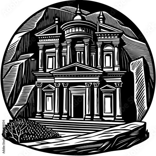 Detailed vector illustration of an ancient rock cut city showcasing intricate architecture and historical significance