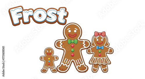 Gingerbread family with frost text isolated on white background for christmas holiday