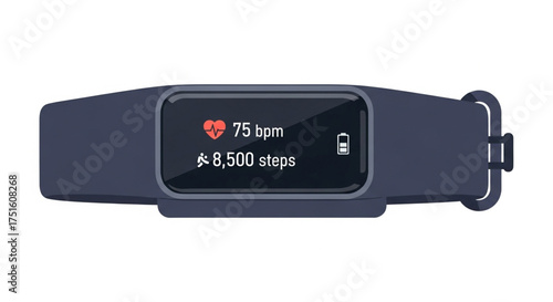 Fitness tracker displaying heart rate and steps, showcasing health and activity monitoring technology in a minimalist style