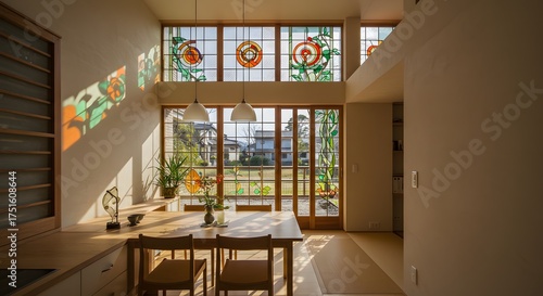 Modern Japanese Dining Room with Stained Glass Windows and Natural Light