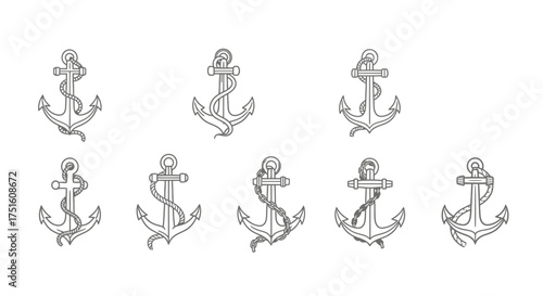 Collection of hand drawn nautical anchor illustrations in sketch style