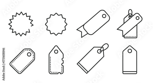 Collection of eight hand drawn price tags and labels in outline style