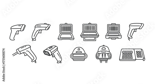 Collection of handheld barcode scanners and cash register icons