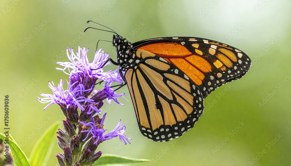 Obraz premium Monarch butterfly perched on delicate purple flower with soft natural light and green blurred background, showcasing vibrant orange and black wings in close up macro shot