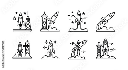 Collection of rocket launch and space exploration icons in a simple line art style