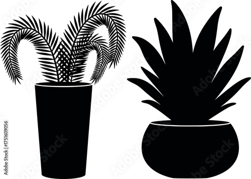 Silhouette decorative houseplants in pots isolated on white for modern home decor design vector