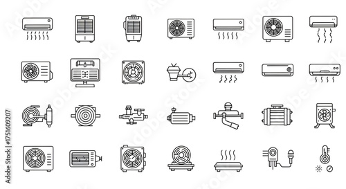 Air conditioning and ventilation systems line icons vector set, hvac equipment and climate control technology