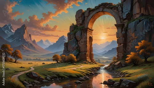 Landscape Painting with Sunset-Lit Ancient Arch, River, and Rolling Hills