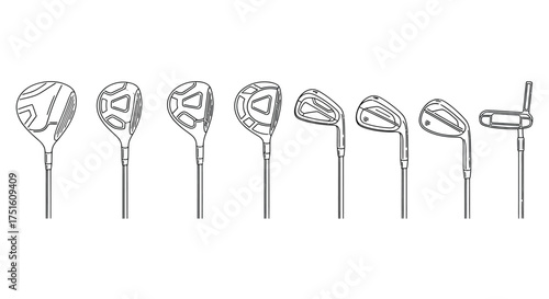 Collection of golf club heads in a line illustration