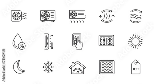 Air conditioning and heating system icons vector set hvac climate control technology line symbols illustration