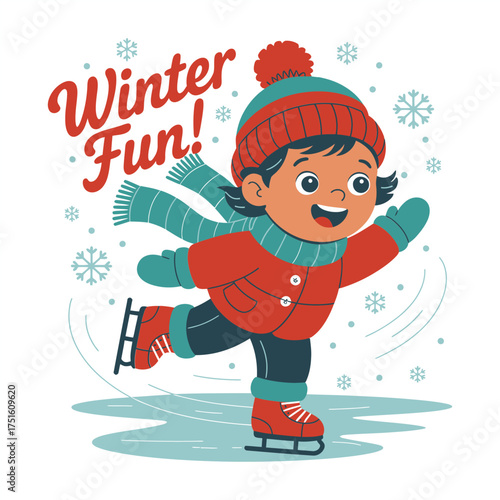 Winter fun ice skating boy, cozy hat and scarf, playful outdoor activity, family holiday card, vector illustration