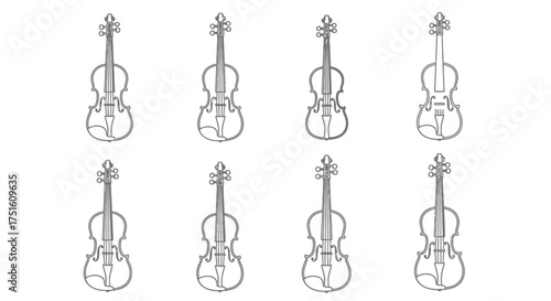 Collection of eight hand drawn violins in a grid pattern