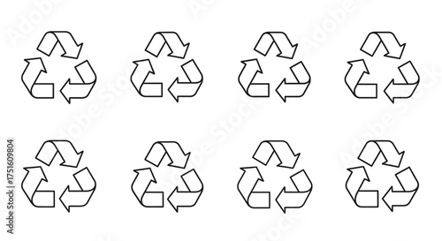 Eight hand drawn recycling symbols in a grid layout