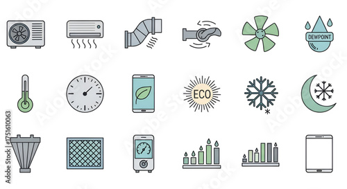 Air conditioning hvac system icons set, vector illustration for home and office climate control design